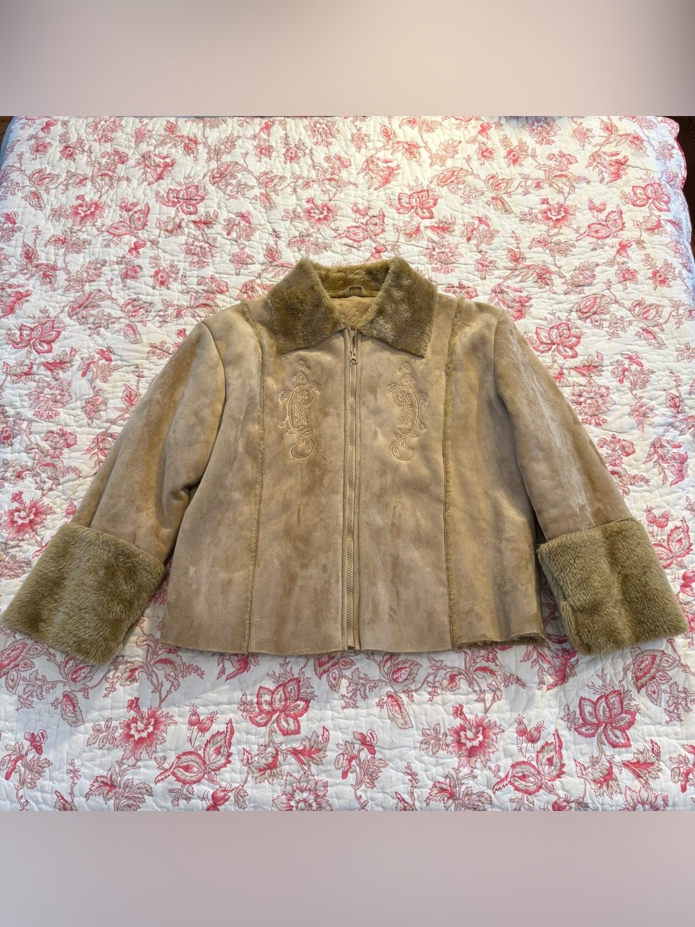 Beautiful Cream Leather Suede Shearling Full Zip Jacket